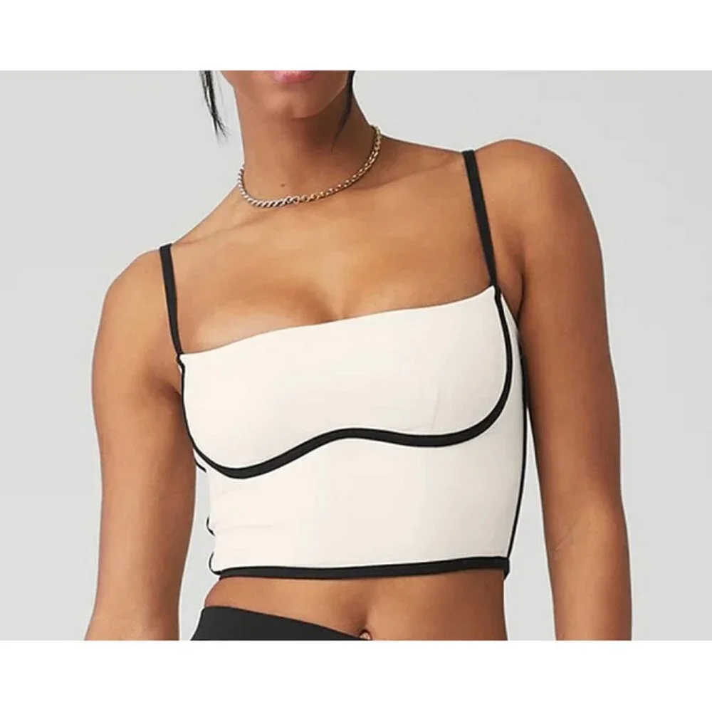 Alo Airbrush Streamlined Bra Tank Ivory Black Padded Sports Bralette Crop Top XS